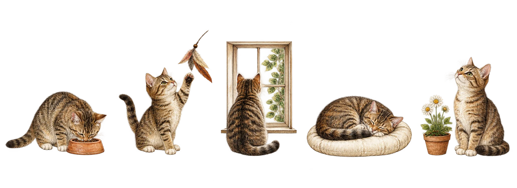 Hand-drawn cats enjoying breakfast, playtime, window watching, a cosy nap, and a little company