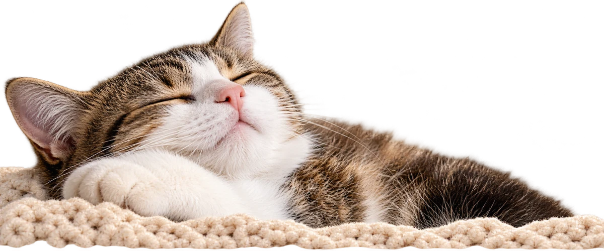 A large grey and white cat sleeping on a cosy knitted blanket
