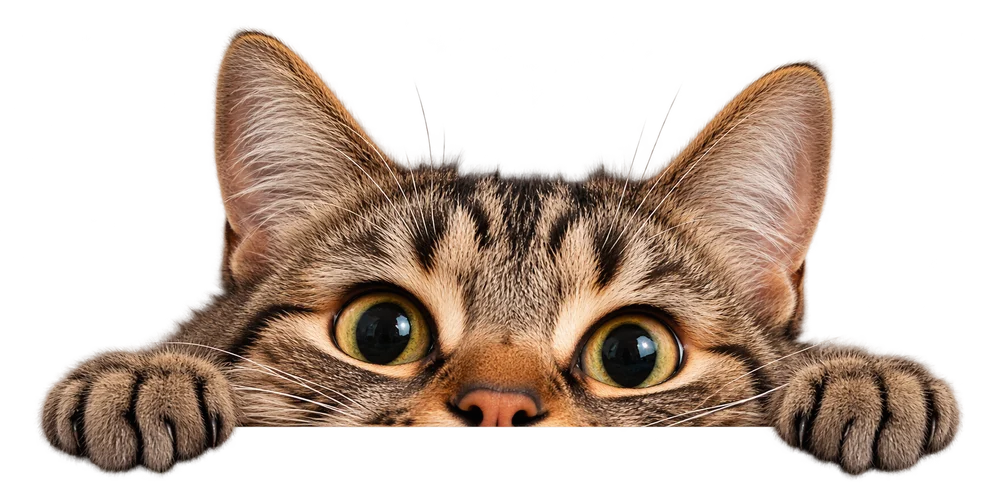 A wide-eyed tabby kitten peeking over the booking note