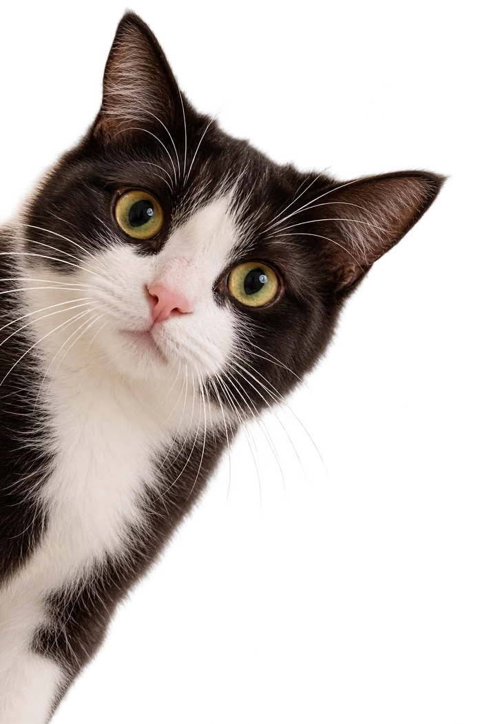 A curious black and white cat peeking around the edge